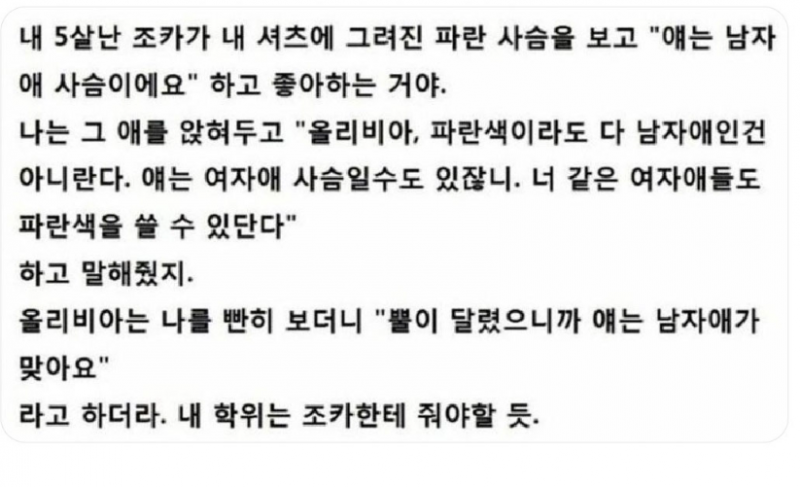 nokbeon.net-5살 조카가 내 옷에 그려진 파란 사슴을 보고 얜 남자 사슴이에요 하는 거야-2번 이미지